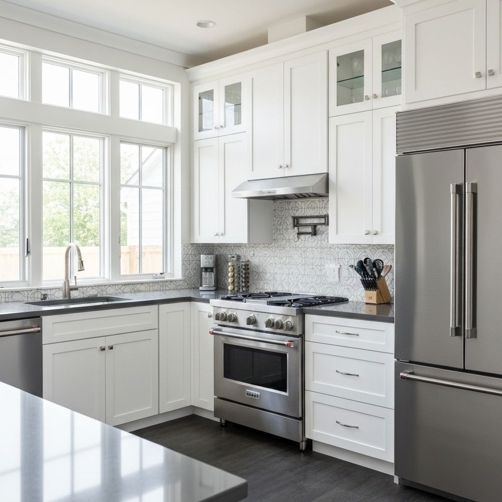 Modern white kitchen remodeling Richmond VA with white shaker cabinets and granite countertops