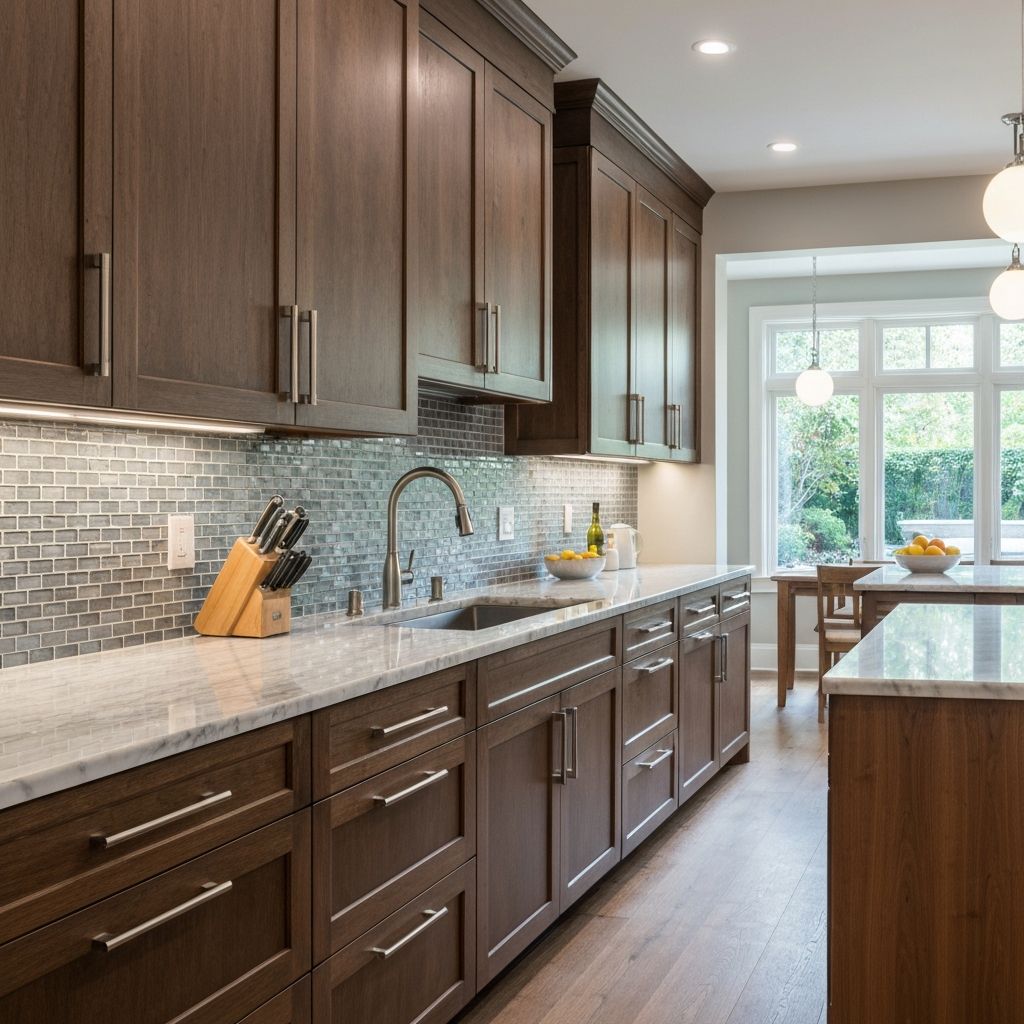 Luxury kitchen renovation Richmond Virginia featuring dark wood cabinets and marble island