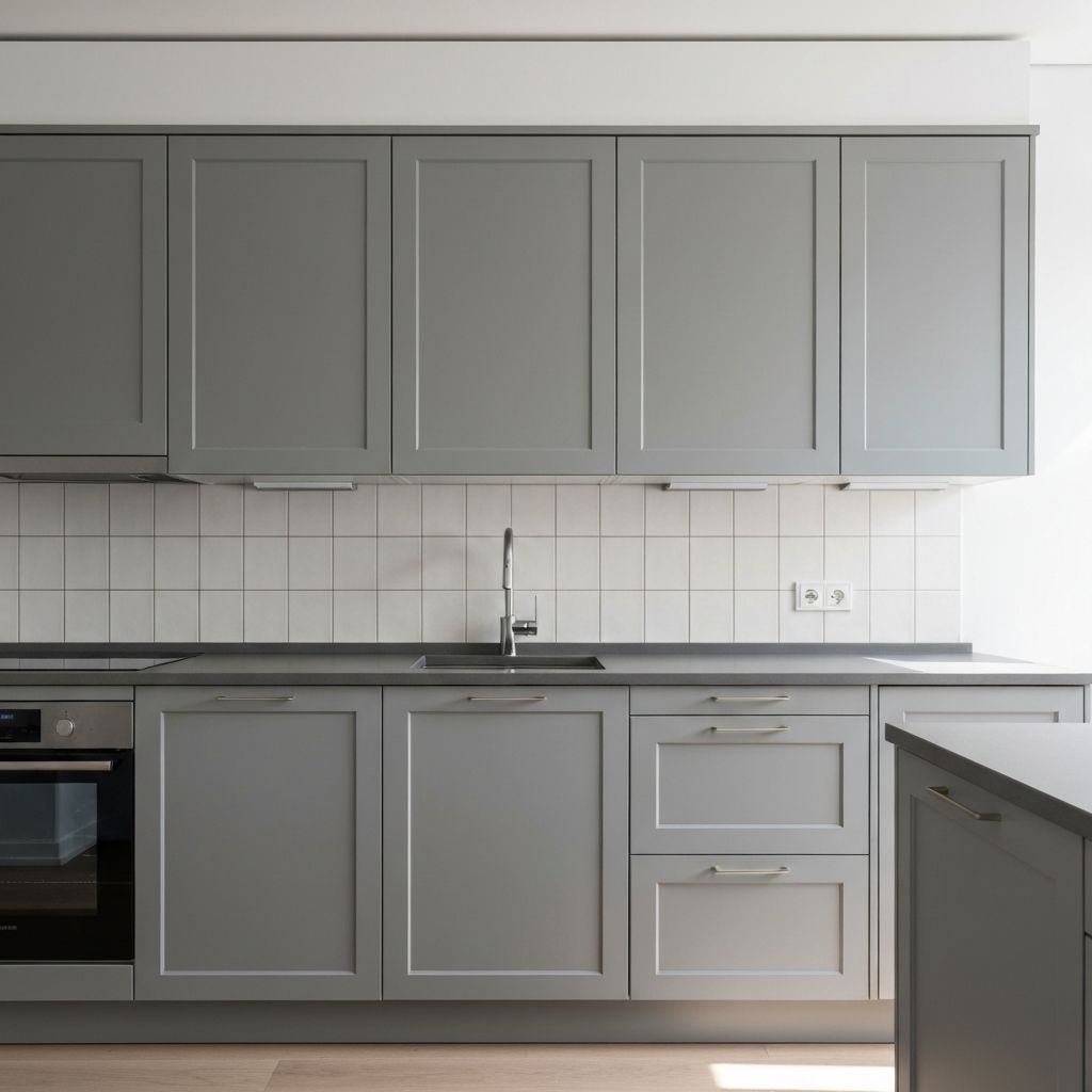 Minimalist kitchen design Richmond with gray cabinetry and integrated appliances